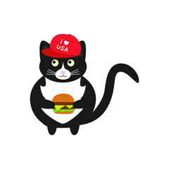 Сute american black cat with a burger in a red cap. Doodle flat illustration vector