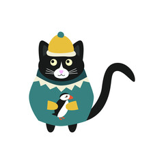 Сute icelandic black cat in a yellow cap, green sweater and a puffin in his paws. Doodle flat illustration vector.
