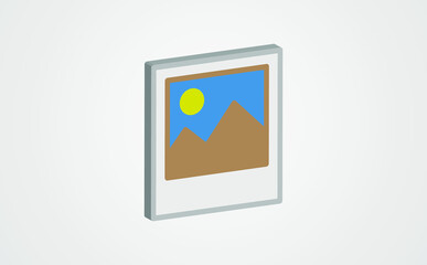 Picture with mountains and sun icon in isometric 3d style on a white background