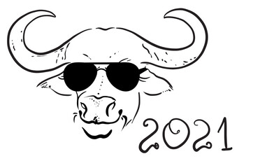 Playful ironic bull with glasses. The bull is a symbol of 2021 according to the eastern calendar, graphics