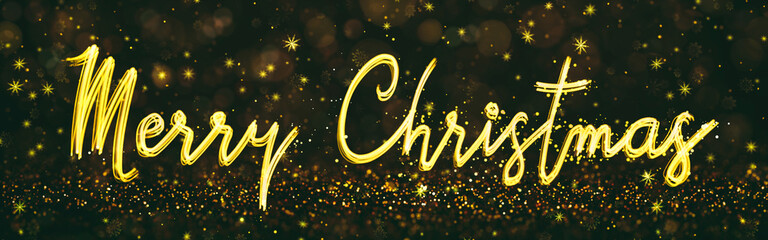 Merry Christmas handwritten text on yellow and brown glittering background. Winter holiday headline design. 3D illustration.