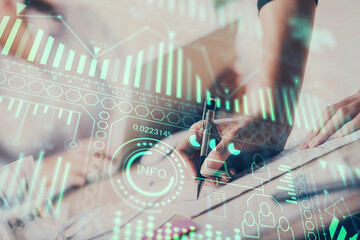 Technology theme hologram over woman's hands taking notes background. Concept of Tech. Double...