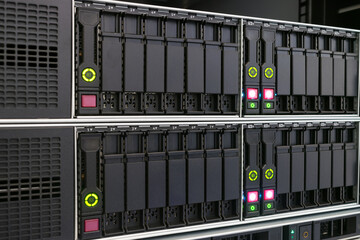 There is a close-up of the data storage server. Modern computer equipment of the data center. The...