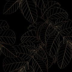 Coffee tree seamless pattern, branch of coffee tree in golden line on black background, vintage style.