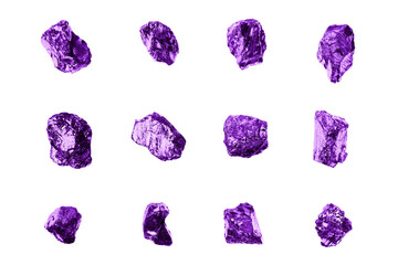 Purple gem stones set white background isolated close up, raw gemstones collection, shiny rocks,...