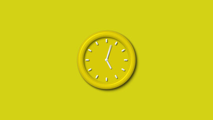 New yellow color 3d wall clock isolated on yellow background, 12 hours wall clock