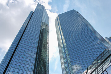 Fototapeta na wymiar City financial center with banks skyscrapers.Economy, business and finance concept.Tourism attraction in Europe. Frankfurt in Germany, is the financial capital of european union