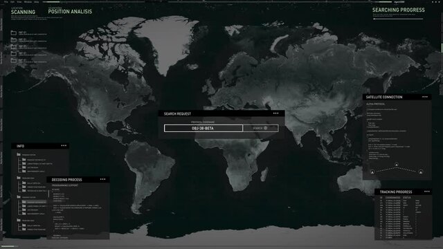 Log in to satellite control center. Secret Surveillance system tracking phone calls. Decoding process. Phone call tracking all over the world and discovers in New York. USA. Computer user interface. 