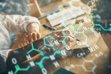 Science formula hologram over woman's hands taking notes background. Concept of study. Double...
