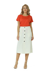  blond business woman in official formal white skirt and red short sleeve blouse