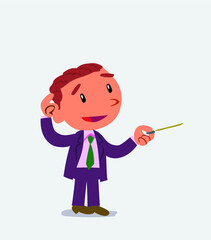 cartoon character of businessman doubts while pointing with a pointer.