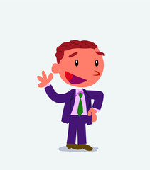 Cartoon character of businessman waving happily.