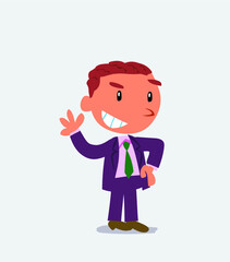 :cartoon character of businessman waving while smiling.