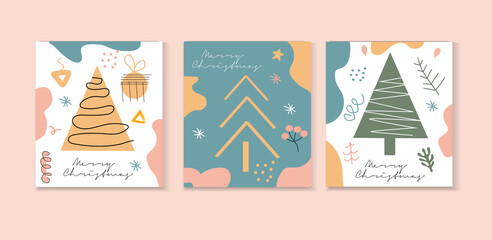 Modern abstract hand drawing Christmas doodles greeting cards set, Trendy contemporary design template