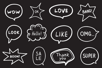 Hand drawn white speech bubbles on black. Black and white illustration