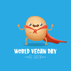 World vegan day banner or greeting card with cflying super hero potato with red hero cape on blue sky background. Super vegetable kawaii food funky character