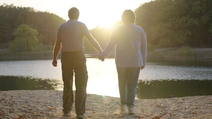 Elderly couple holding hands while walking together in park . Senior couple on a walk in autumn nature. Happiness people lifestyle.