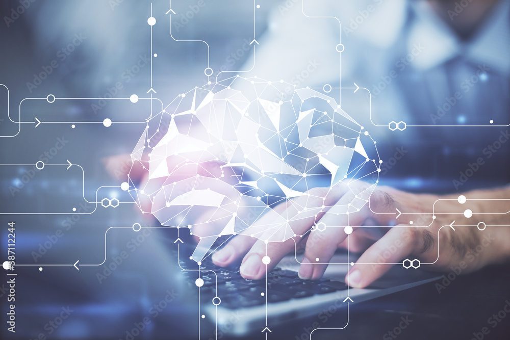 Aufkleber businessman with computer background with brain theme hologram. concept of brainstorm. multi exposur
