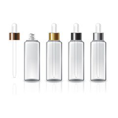 4 cap colors clear square cosmetic bottle with white dropper for beauty or healthy product.