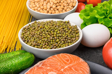 A set of products for immunity. Healthy foods, vegetables, eggs, pasta and mung bean.