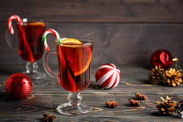 Two glasses with Christmas mulled wine. Holiday atmosphere. Copy space for text