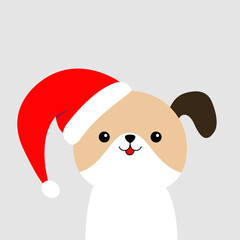 Cute dog face in red Santa hat. Merry Christmas. Funny kawaii doodle baby animal. Cute cartoon funny character. Puppy pooch. Pet collection. Flat design. White background.