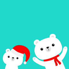 Polar white bear set. Red Santa Claus hat, scarf. Merry Christmas. Cute cartoon kawaii baby character. Happy New Year. Arctic animal. Hello winter. Flat design. Blue background.