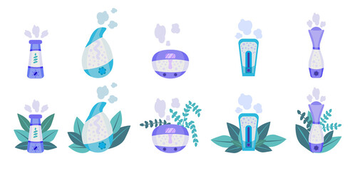 Set of Home humidifier for room.Healthy humidifiers vector icons for web design isolated  a white background.Concept of an air purifier device surrounded by leaves.Vector illustration in flat style.