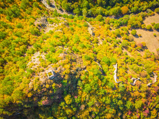 Birds eye view to Rkoni fortress complex surounded by autumn natures in the background. Georgia sightseeing undiscovered places.