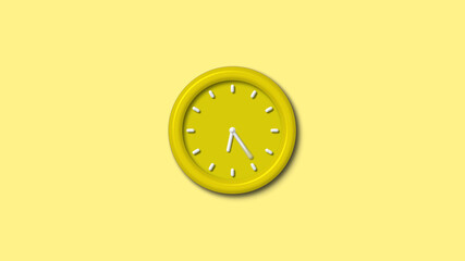 New 12 hours yellow color 3d wall clock isolated on yellow light background, 3d wall clock isolated