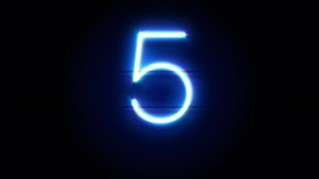 Neon number 5 appear in center and disappear after some time. Animated blue neon alphabet symbol on black background. Looped animation.