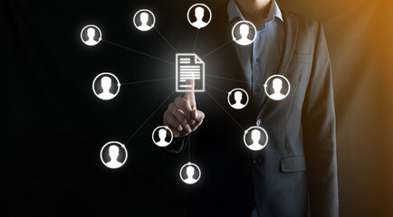 Corporate data management system (DMS) and document management system with privacy theme concept. Businessman presses a finger and scheme with protected document connected with users.