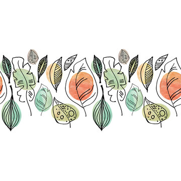 Seamless linear pattern with abstract leaves ornament linewatercolor and graphics drawn with hands