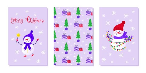 Merry Christmas set of cute greeting card with snowman and snowflakes for happy new year presents. Scandinavian style set for invitation, children room, nursery decor, interior design, stickers