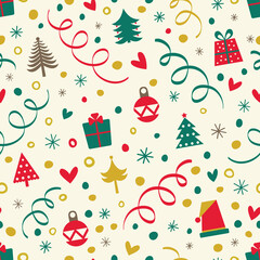 Christmas pattern with serpentine, trees, gifts and hearts.