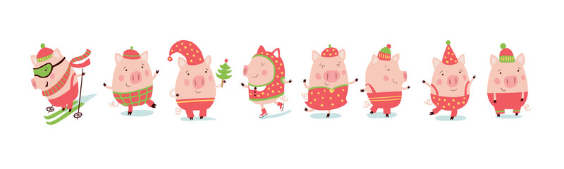 Set of cheerful and cute piglets for decoration of holiday prints.  Christmas pigs in a red suit.