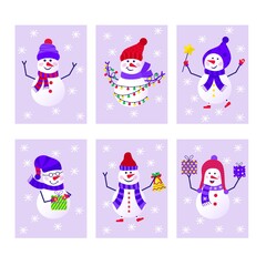 Merry Christmas collection of cute greeting card with snowman and snowflakes for happy new year presents. Scandinavian style set for invitation, children room, nursery decor, interior design, stickers