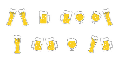 Beer icons set with different beer mugs vector illustration isolated. Icons for pub bar or Oktoberfest menu in flat style