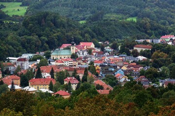 Fototapeta premium Roznov under Radhost. View of the city center from the Jurkovic lookout tower. Czech Republic. Europe. 