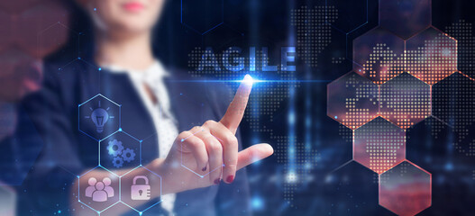 Business, technology, internet and network concept. Young businessman thinks over the steps for successful growth: Agile