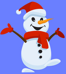 Happy snowman in cartoon style. Funny Christmas character.