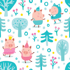 Simple Christmas pattern with trees and cute pigs.