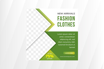 social media posting banner design template for new arrivals fashion clothes with triangle and rectangle shape for photo. green and white background. square layout.