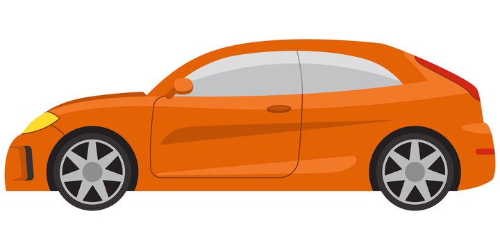 Hatchback car side view. Orange automobile in cartoon style.