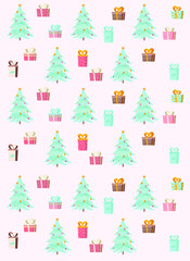 Christmas background with Christmas trees and gifts in pink and blue tones