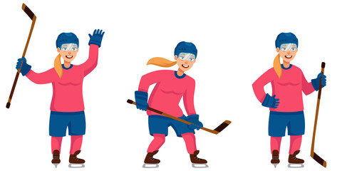 Fototapeta na wymiar Hockey player in different poses. Female character in cartoon style.