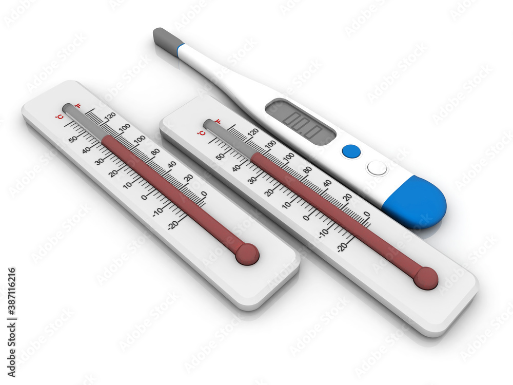 Poster 3d rendering normal thermometer and electronic thermometer