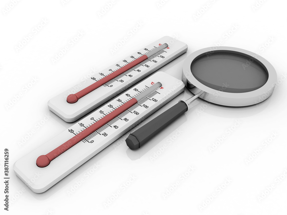 Poster 3d rendering fever checking normal thermometer with lens