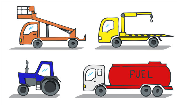 A set of pictures of special machines. Aerial platform, tractor, tow truck, fuel truck. Freehand sketch, side view.
