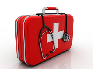 3d rendering First aid kit with stethoscope